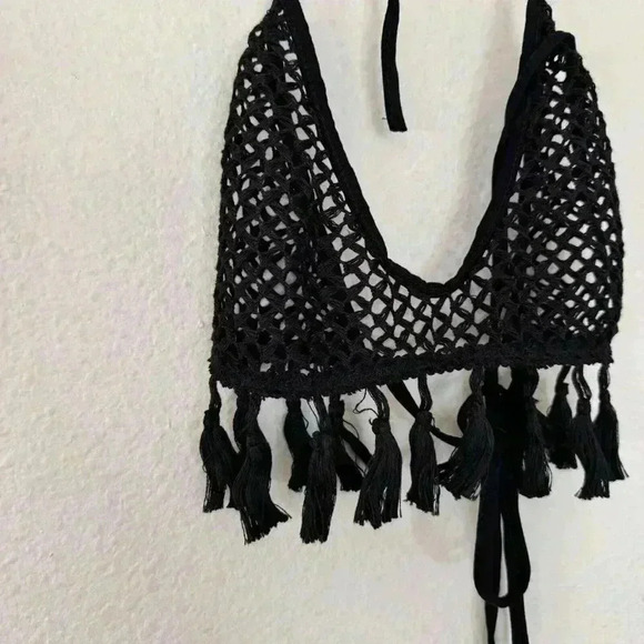 Black Crochet Fringe Halter Tie Crop Swim Boho Festival Top And Pants Set Small - Picture 3 of 8